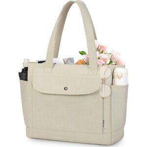 Large Corduroy Beige Tote Bag Women Lightweight Shoulder Purse Zipper Pockets